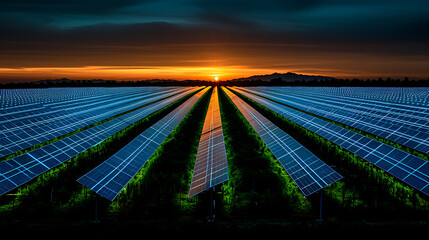 Sunset bathes rows of solar panels in warm light Solar farms are becoming increasingly common around the world 