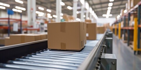 Cardboard boxes on conveyor rollers ready to be shipped by courier for distribution