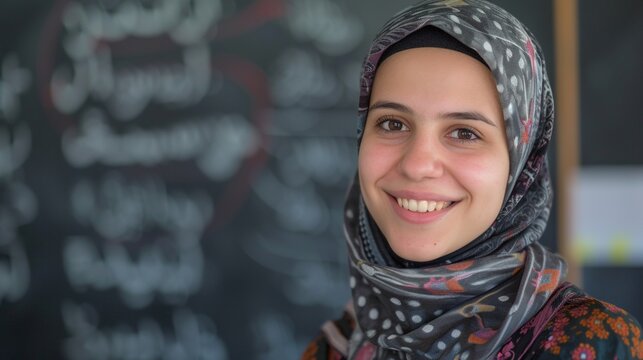 Pretty middle eastern college student smiling to the camera. Beautiful female middle eastern college student learning in the classroom, with copy space.