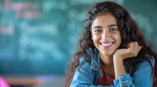 Pretty middle eastern college student smiling to the camera. Beautiful female middle eastern college student learning in the classroom, with copy space.