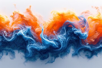 Spectacular image of blue and orange liquid ink churning together, with a realistic texture and...