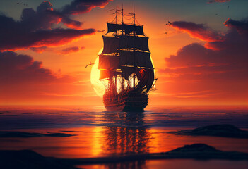 Fototapeta premium A pirate ship in the purple sunset. AI Generated