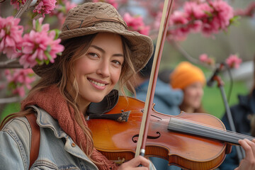 Young lady play on violin in spring time garden