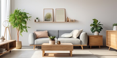 Modern open living room design in a small apartment with eucalyptus sofa, wooden coffee table, and personal items. Carpeted floor. Template.