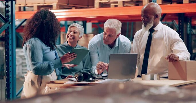 Colleagues, teamwork and warehouse logistics on laptop for supply chain distribution or online, courier or package. People diversity and internet or parcel search in storage factory, shipping or talk