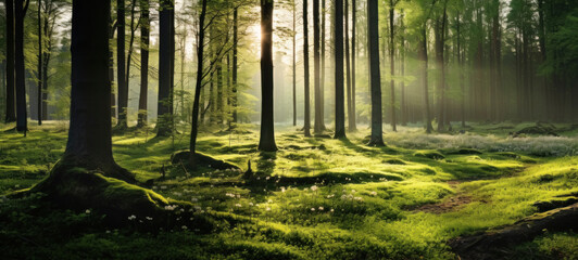 Obraz premium Sunlit Forest with Lush Green Moss