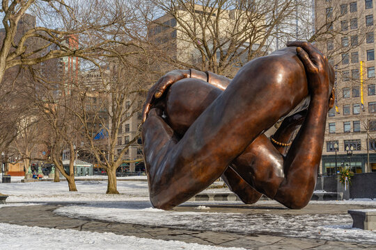 Boston, MA, US-January 15, 2024: The Embrace sculpture in the Boston Common honoring Dr. Martin Luther King and his wife Coretta Scott King.