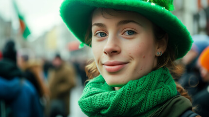 Young stylish Irish woman on St Patrick Day Ireland Parade Portrait, redhead, green hat on city street, with copy space.