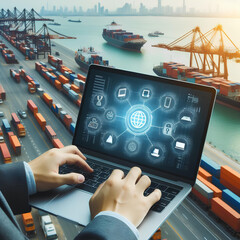 logistics cargo tracking on laptop on blurred seaport background - obrazy, fototapety, plakaty