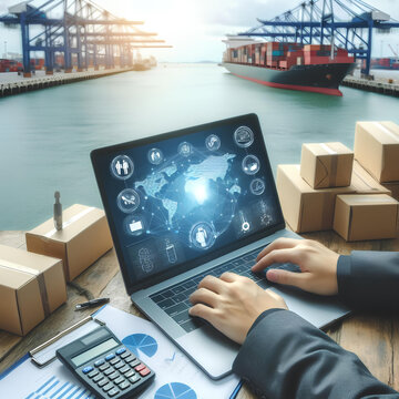 logistics cargo tracking on laptop on blurred seaport background
