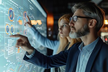 Professional Team Analyzing Real-Time Data on Interactive Display, Collaborative Decision Making in Modern Office Environment