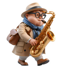 A 3D animated cartoon render of a musician playing the saxophone. Created with generative AI.