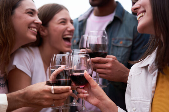 Close up photo of multiracial group of friends toasting with red wine. Happy people gathered having fun, laughing, talking and enjoying the good times.