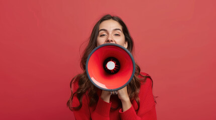 Obraz premium A woman in a red sweater screams into a loudspeaker, holding it with both hands on a red background.
