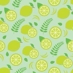 Lemon Pattern - Whole Lemons, Half Lemons and Leaves in Pastel Green Background. Seamless Link.