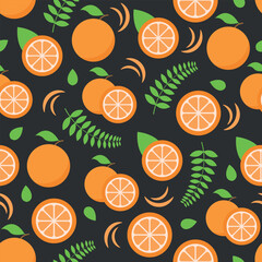 Orange Fruit Pattern - Whole Oranges, Half Oranges and Leaves in Black Background. Seamless Link.