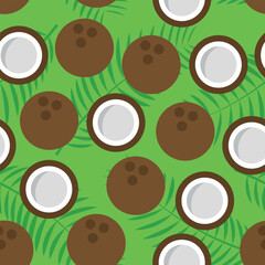 Coconut Pattern - Whole and Half Coconuts in Green Background with Coconut Palm Leaves in Background. Seamless Link