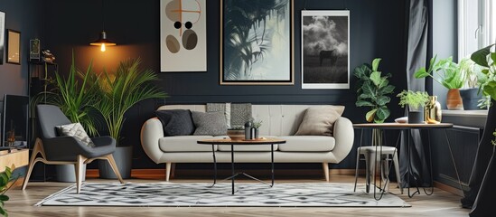 Monochrome living room with carpet, dining table, sofa against dark wall adorned with posters.