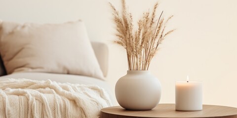 Minimal Scandinavian home decor with a cozy and aesthetic feel, featuring dried hare's tail grass, candles, and a stylish round vase in a creatively composed living room setting.