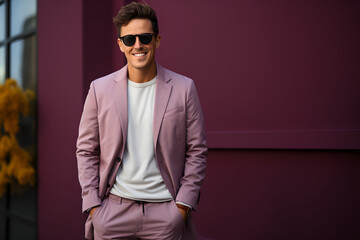 Fototapeta premium Confident man in fashionable lilac suit against purple wall