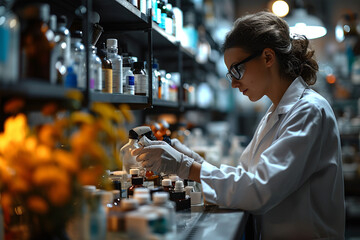 Fototapeta na wymiar Focused female scientist examining samples in a high-tech lab environment