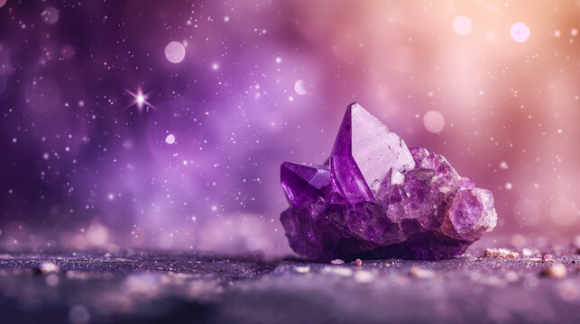 Amethyst crystal on rocky surface with sparkling bokeh lights in background