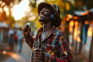 African man with headphones dancing joyfully in the street at sunset