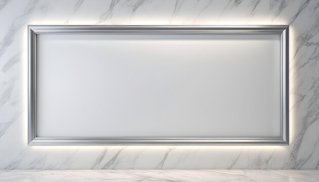 Huge white empty silver frame, perimetral led lights, white marble wall background 