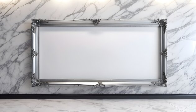 Large empty frame, silver, on white marble wall, white floor 
