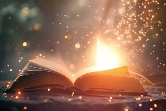 Open book with golden light shining from its pages. The soft glow creates a magical aura. Power of words, knowledge and wisdom from education