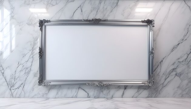 Huge silver frame, empty, on luxurious white marble room