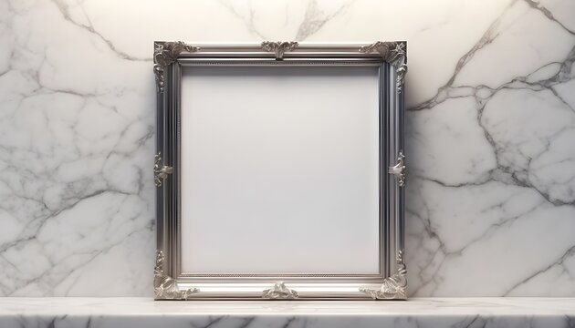 Baroque silver empty frame, squared, laying on white marble shelf, white marble wall behind 