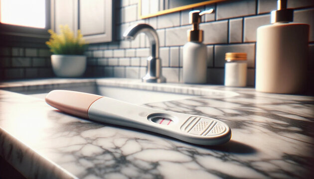 Close-up image of a pregnancy test sitting on a bathroom counter