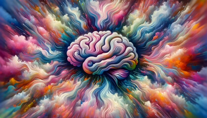Abstract art piece that embodies the concept of a chaotic mind, incorporating the imagery of a human brain