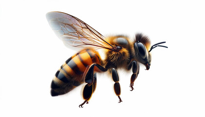 Honey bee in flight on a white background - obrazy, fototapety, plakaty