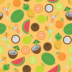 Pattern of Various Summer Fruits and Drinks - Half and Whole Oranges, Lemons, Coconuts, Pineapples, Watermelons, Orange and Lime Juices and Coconut Water on Orange Background. Seamless link.