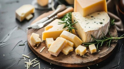 delicious cheese board of all varieties in a kitchen