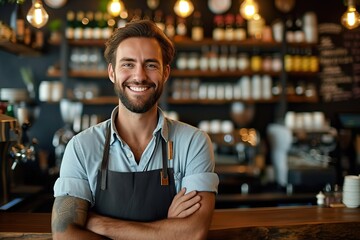 Fototapeta premium Professional Bartender Ready to Serve A Modern, Stylish Bar Interior with a Variety of Drinks and Elegant Atmosphere