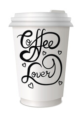 Coffee to go lettering on disposable cup. Lettering emblem quotes text. Hot street drink cardboard packaging plastic or paper cap diversity. Trendy and bright graffiti style