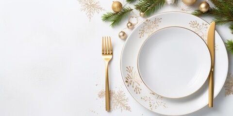 Festive table setting with white plates, gold cutlery, and snowy branch background.