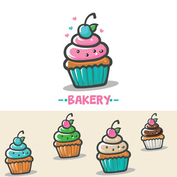 Logo set cupcake bakery. editable stroke