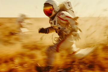 Ethereal Space Jog: Blurred Astronaut on Martian Horizon