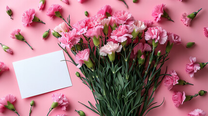 
top view of pink and white carnation flowers and greeting card with with the words "happy women's day"on pink background