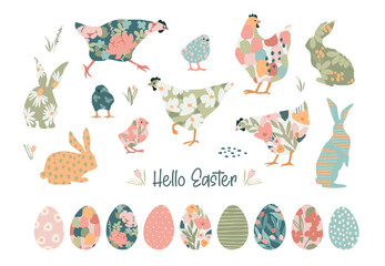 Hello Easter. Vector set of cute illustration. Chicken, bunnies , flowers, eggs. Design elements for card, poster, flyer and other