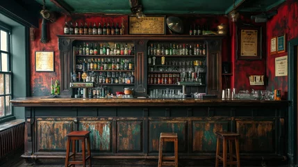 Foto op Canvas the counter bar in a cosy old english or irish pub with lots of whisky bottles in the background © Wolfilser