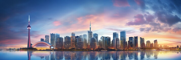 Naklejka premium skyline with skyscraper of big city in twilight and reflection on water