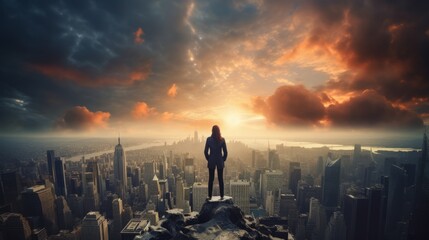 Plakat Businesswoman stands thoughtfully on a mountain overlooking a city with dramatic clouds in the sky