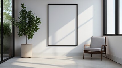 An empty painting on the wall, a minimal interior, an armchair and a houseplant. A bright room.