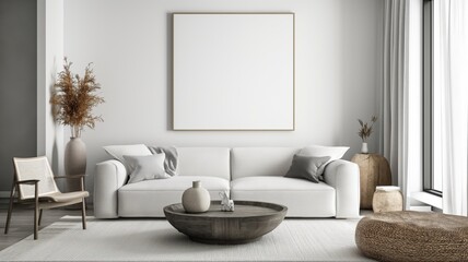 An empty painting on the wall, a minimal interior, a sofa with pillows and a houseplant. A bright room.