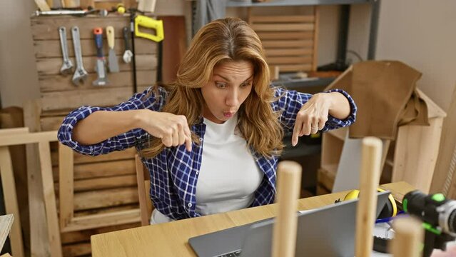 Stunning latin woman at carpentry studio, ecstatically pointing down at her amazing work ad, sitting at wooden table with a shocked expression.